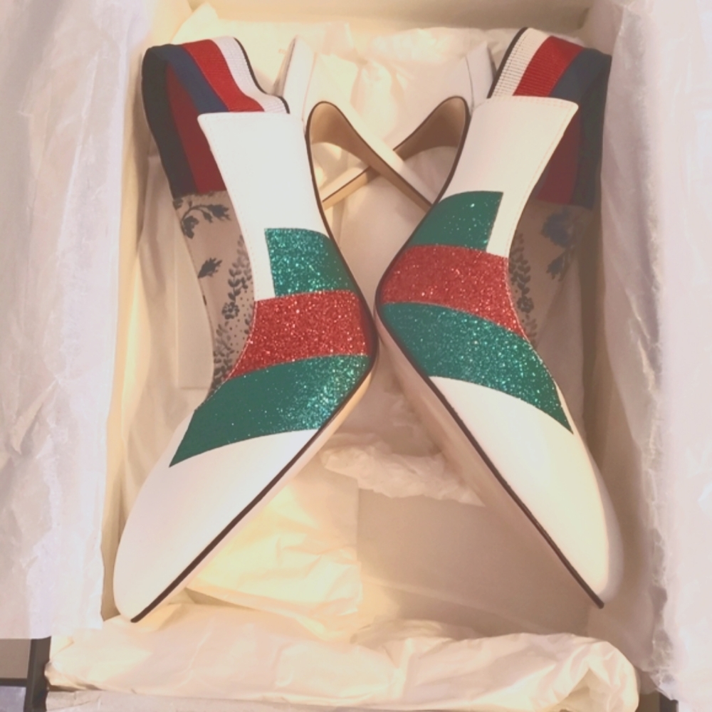 Gucci slingbacks, white leather with glitter web